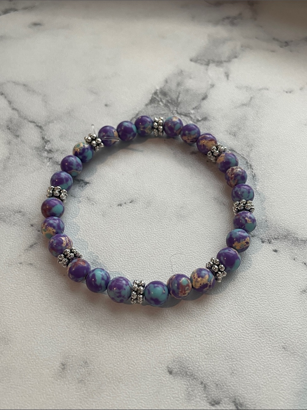 Natural stone, hand beaded elastic bracelet. 6.5 inches.